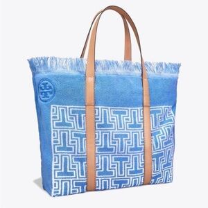 Blue Tory Burch T Tote Terry Cloth Beach Bag